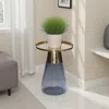 Hivvago Palio Plant Stand Table, Round Gold Metal Top, Blue Glass Tapered Base