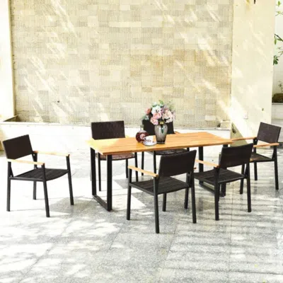 Hivvago Patented 7 Pieces Outdoor Dining Set With Large Acacia Wood Table Top In Blue