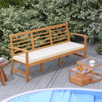 Hivvago Patio 64 Inch Wood Bench With Seat Cushion And Slatted Seat For Backyard-off White In Brown