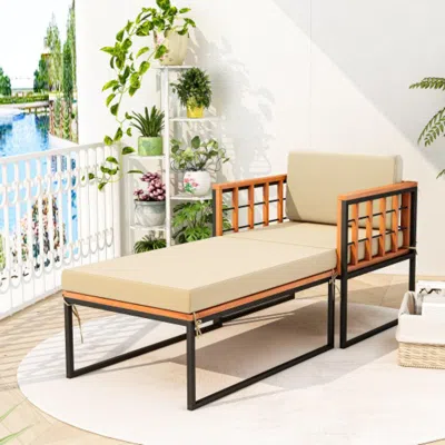 Hivvago Patio Acacia Wood Armchair With Long Ottoman And Seat Back Cushions