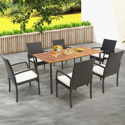 Hivvago Patio Acacia Wood Dining Table With Umbrella Hole And Metal Legs In Gray