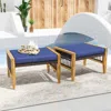 Hivvago Patio Acacia Wood Ottomans With Cushions And Versatile Rattan Woven Footstools-navy