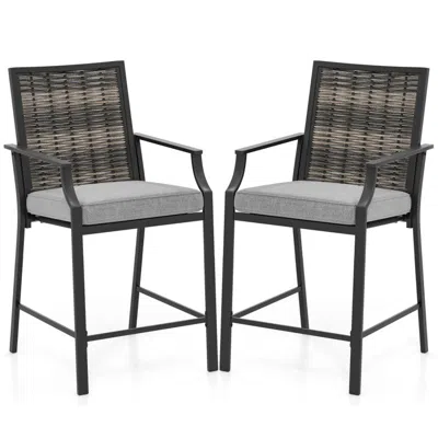 Hivvago Patio Bar Stools Set Of 2 Counter Height Rattan Bar Chairs With Armrest-grey