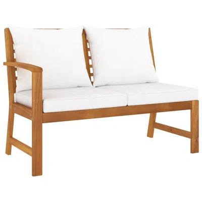 Hivvago Patio Bench W White Cushions, Slatted Brown Solid Acacia Wood, 45 Inch