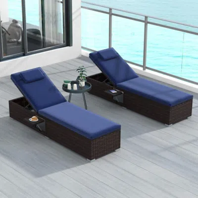 Hivvago Patio Chaise Lounge Set Of 2 With Backrest Seat Cushion And Headrest-off White In Blue