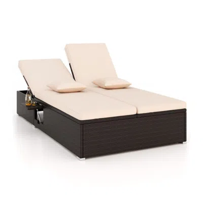 Hivvago Patio Double Chaise Lounge With Cushions And Folding Side Trays-beige In Neutral