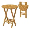 Hivvago Patio Folding Side Table Teak Wood Round End Table With Slatted Tabletop And X-shaped Frame