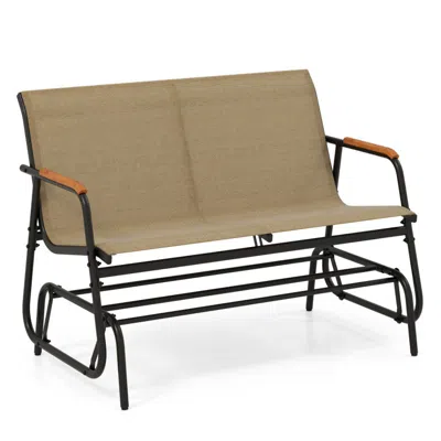 Hivvago Patio Glider Bench With Curved Teak Armrests And Breathable Fabric Seat For 2 People-brown