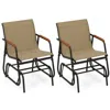 Hivvago Patio Glider Chair Set Of 2 With Curved Teak Armrests And Breathable Fabric Seat-brown In Brown