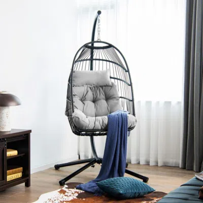 Hivvago Patio Hanging Egg Chair With Stand Waterproof Cover And Folding Basket-gray In Black