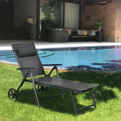 Hivvago Patio Lounge Chair With Wheels Neck Pillow Aluminum Frame Adjustable-gray In Black