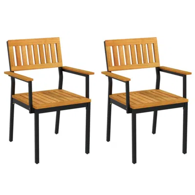 Hivvago Patio Outdoor Dining Chair Set Of 2 With Metal And Acacia Wood Frame In Orange