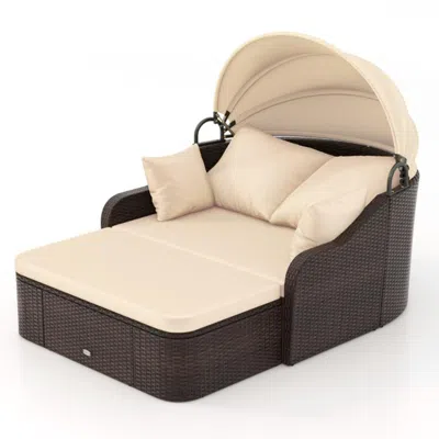 Hivvago Patio Pe Rattan Daybed With Retractable Canopy And Soft Cushions-beige In Neutral