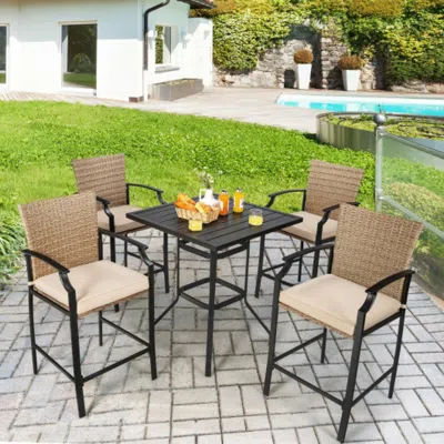 Hivvago Patio Rattan Bar Stools Set Of 4 With Soft Cushions In Neutral