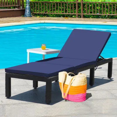 Hivvago Patio Rattan Cushioned Height Adjustable Lounge Chair-navy & Off White In Blue