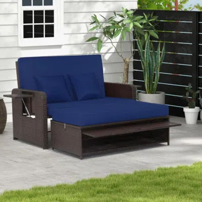 Hivvago Patio Rattan Daybed With 4-level Adjustable Backrest And Retractable Side Tray-turquoise