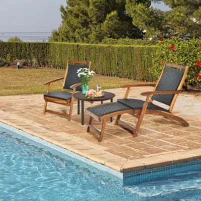 Hivvago Patio Rattan Folding Lounge Chair With Acacia Wooden Frame Retractable Footrest