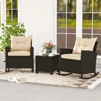 Hivvago Patio Rattan Roker Chairs With Tempered Glass Table And Soft Cushions For Backyard Poolside Porch-be In Brown