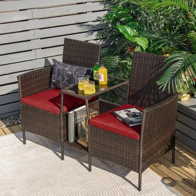 Hivvago Patio Rattan Wicker Conversation Set Sofa Cushioned Loveseat Glass Table-turquoise In Brown