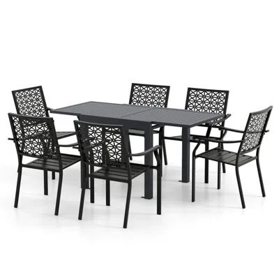 Hivvago Patio Rectangular Aluminum Table And Stackable Armchairs Set With Slatted Tabletop And Seats In Gray