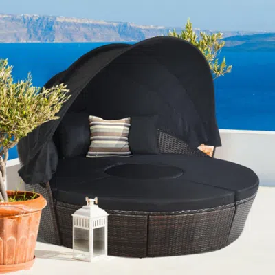 Hivvago Patio Round Rattan Daybed With Retractable Canopy And Height Adjustable Coffee Table-turquoise In Gold