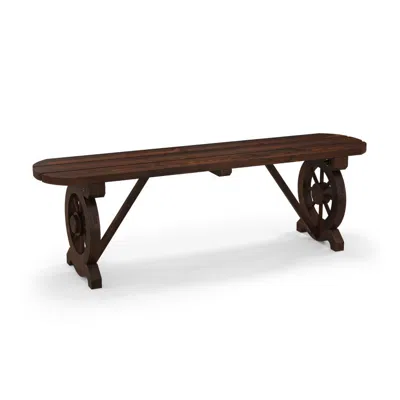 Hivvago Patio Rustic Wood Bench With Wagon Wheel Base In Brown