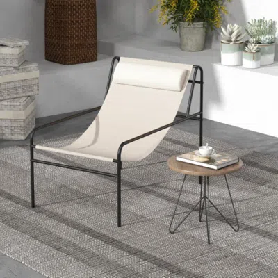 Hivvago Patio Sling Lounge Chair With Removable Headrest Pillow And Metal Frame-beige In White