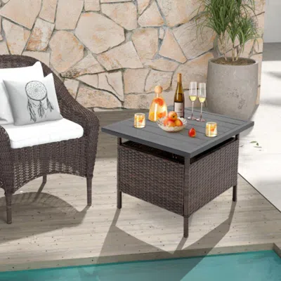 Hivvago Patio Square Wicker Side Table With Umbrella Hole For Yard Garden Poolside In Blue