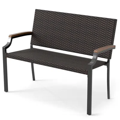 Hivvago Patio Wicker Loveseat Chair With Acacia Wood Armrests And Metal Frame In Black