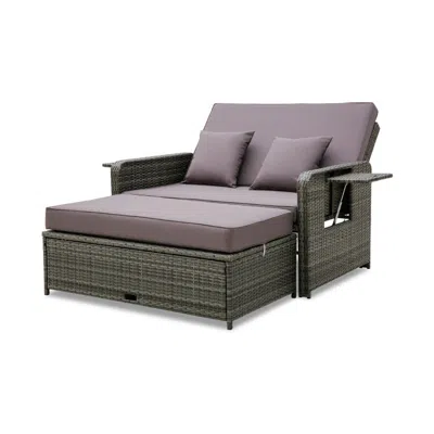 Hivvago Patio Wicker Loveseat Sofa With Multipurpose Ottoman And Retractable Side Tray In Gray