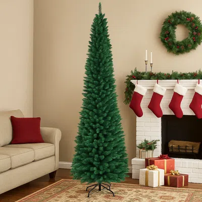 Hivvago Pencil Style Artificial Xmas Tree - 5/6/7/8/9 Ft Pvc With Sturdy Stand In Green