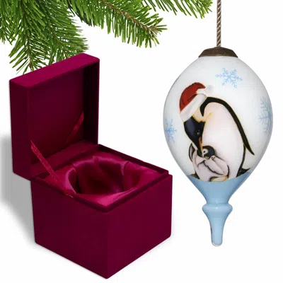 Hivvago Penguin Mother And Child Hand Painted Mouth Blown Glass Ornament In White