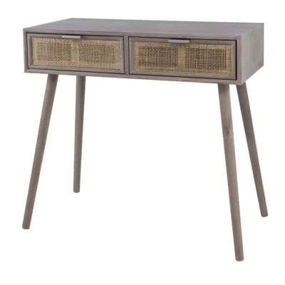 Hivvago Pia 31 Inch Console Table, Pine Wood, 2 Drawer, Woven Rattan, Rustic Brown
