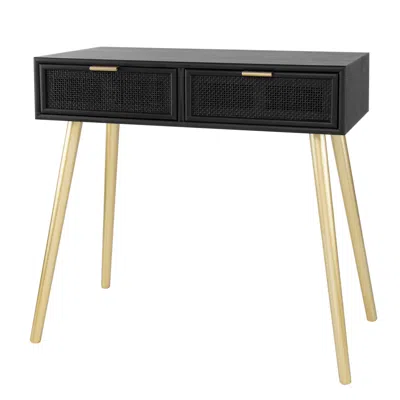 Hivvago Pia 32 Inch Wood Console Table, 2 Drawers, Woven Rattan Design, Black, Gold