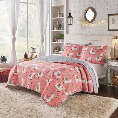 Hivvago Pink Blue Reversible Floral Llama 100-percent Cotton Quilt Set