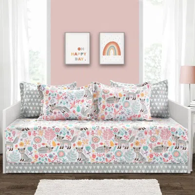 Hivvago Pink Teal Orange Grey 6 Piece Floral Foxes Daybed Cover Bedding Set In Multi