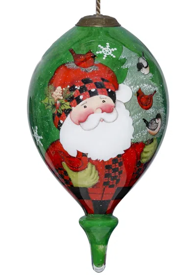 Hivvago Plaid Santa With Cardinals Hand Painted Mouth Blown Glass Ornament