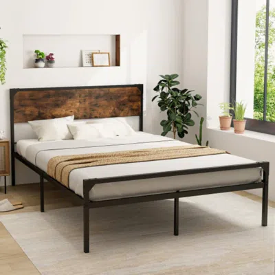 Hivvago Platform Full/queen Bed With Rustic Headboard And Footboard-queen Size