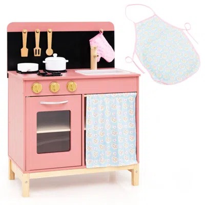 Hivvago Play Kitchen For Kids Wooden Kitchen Playset With Door Curtain