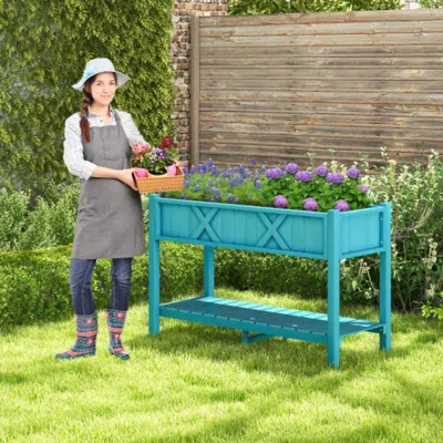 Hivvago Poly Wood Elevated Planter Box With Legs Storage Shelf Drainage Holes-coffee In Blue