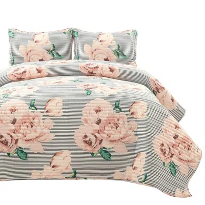 Hivvago Polyester Black White Striped Rose Floral 3 Piece Quilt Set In Multi