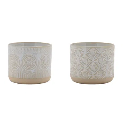 Hivvago Porcelain Geometric Patterned Planter (set Of 2) In Brown