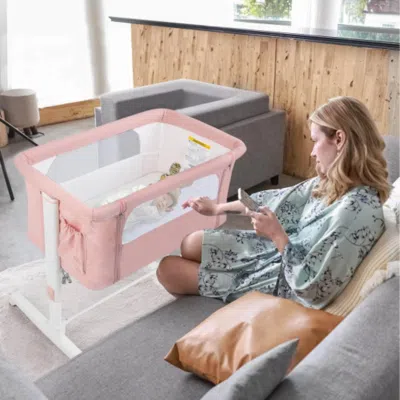 Hivvago Portable Baby Bedside Bassinet With 5-level Adjustable Heights And Travel Bag-pink