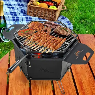 Hivvago Portable Charcoal Grill Stove Rotatable With Foldable Body And Legs With Handles In Black