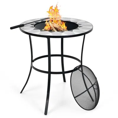 Hivvago Portable Round Fire Pit Table With Mesh Cover And Fire Poker In Black