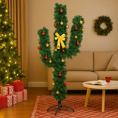 Hivvago Pre-lit Cactus Style Tree With Ornaments - 5ft 6ft 7ft Holiday Decor In Green