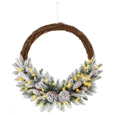 Hivvago Pre-lit Snow Flocked Artificial Christmas Wreath With 8 Pine Cones And 35 Led Lights