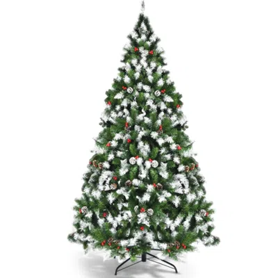 Hivvago Pre-lit Snow Flocked Christmas Tree With Red Berries And Led Lights-9 Ft In Green