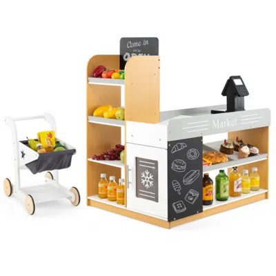 Hivvago Pretend Play Grocery Store Set With Shopping Cart And 2 Chalkboards-white In Multi