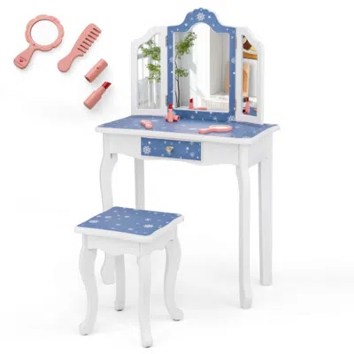 Hivvago Princess Pretend Play Makeup Table And Stool Set With Tri-folding Mirror-blue